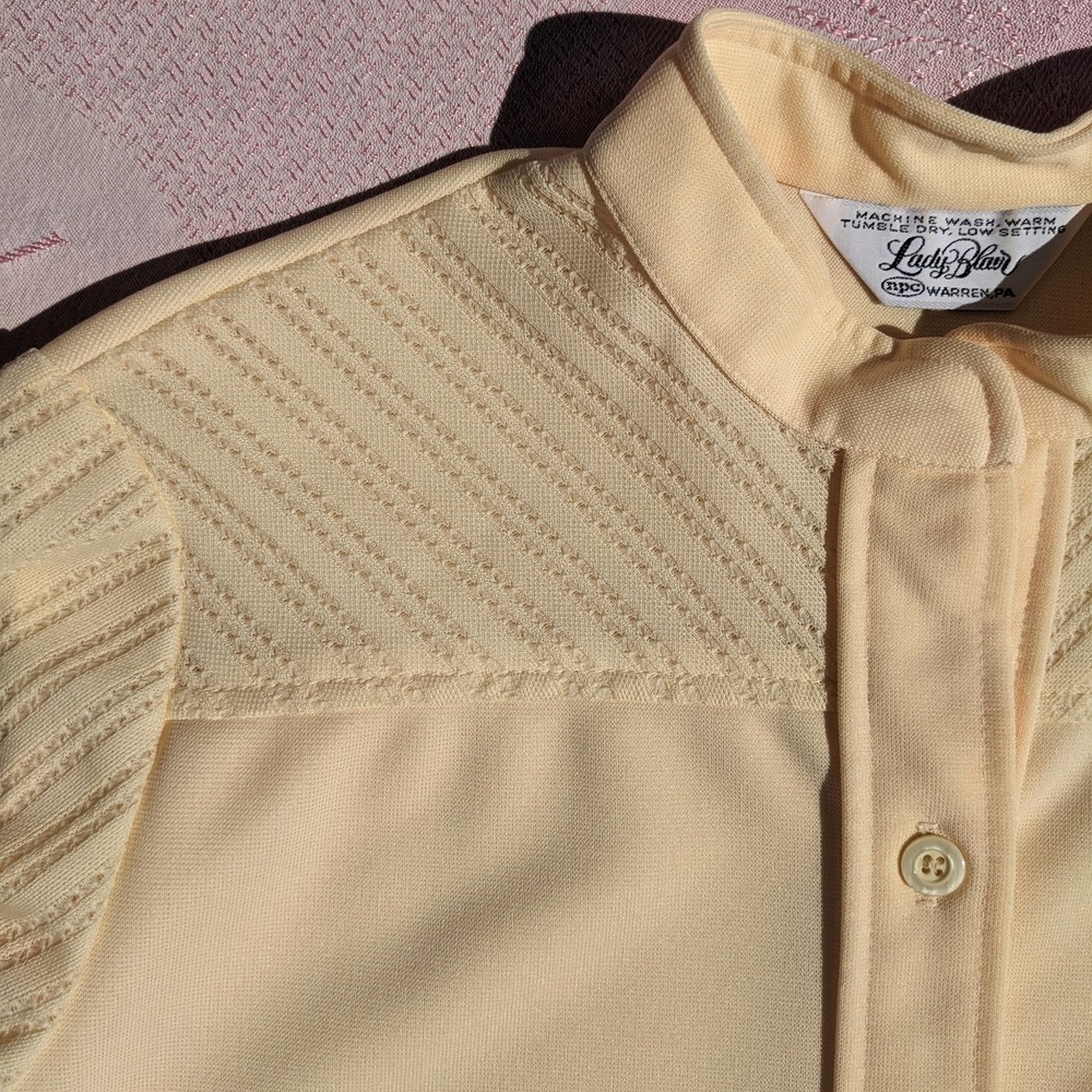 Vintage 70s Mod Shirt Dress M/L Yellow Midi Pointelle Lace Sleeve Shift Mandarin - Picture 5 of 14